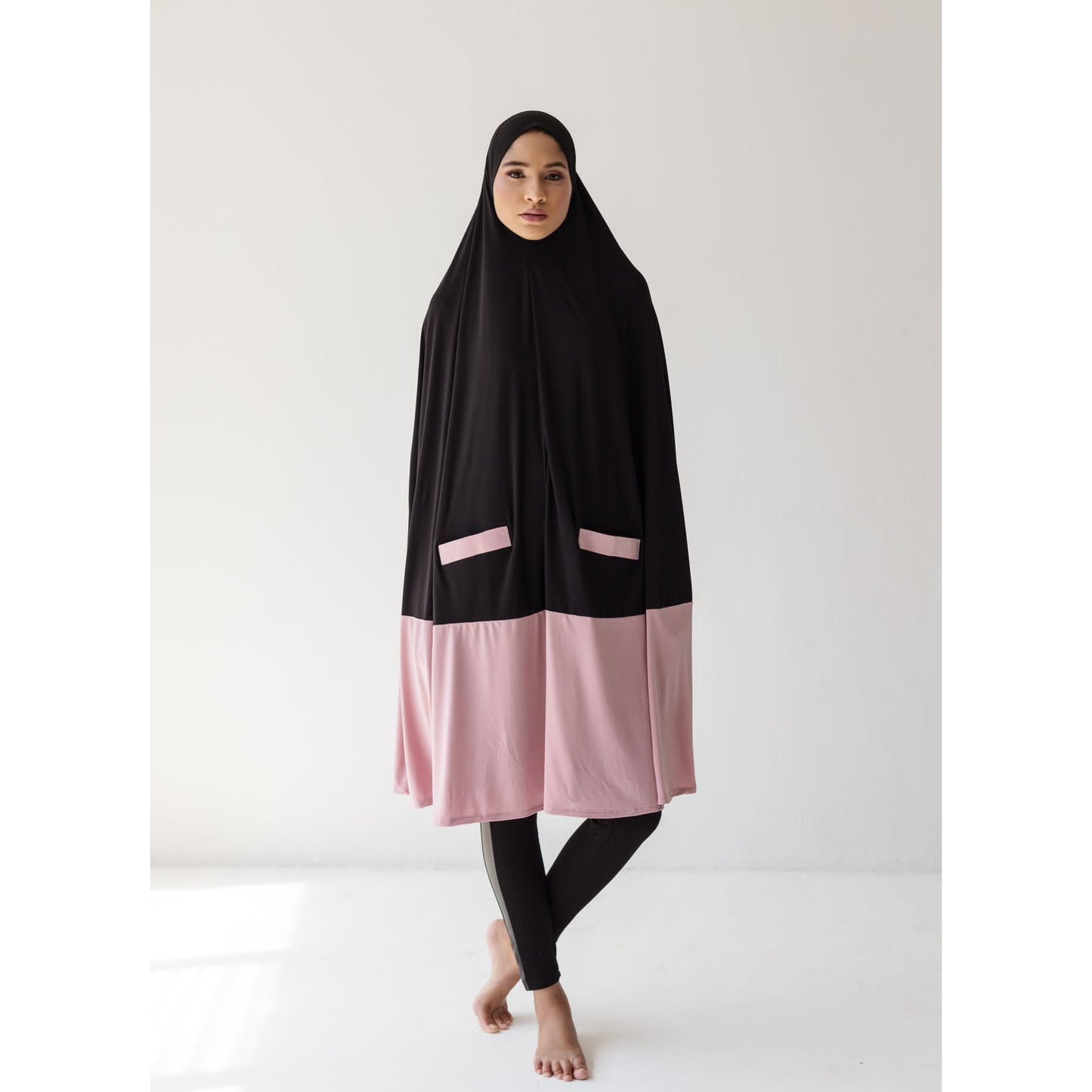 Monochrome Burqa - Knee Length: Black & Pink