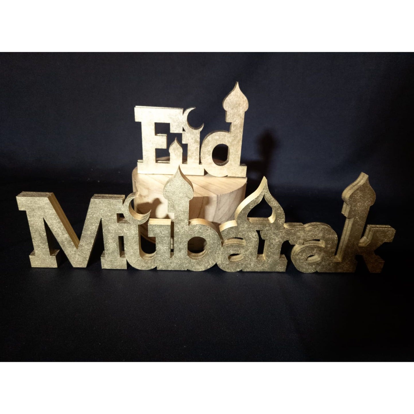 Wooden Eid Mubarak Signage: Gold / White