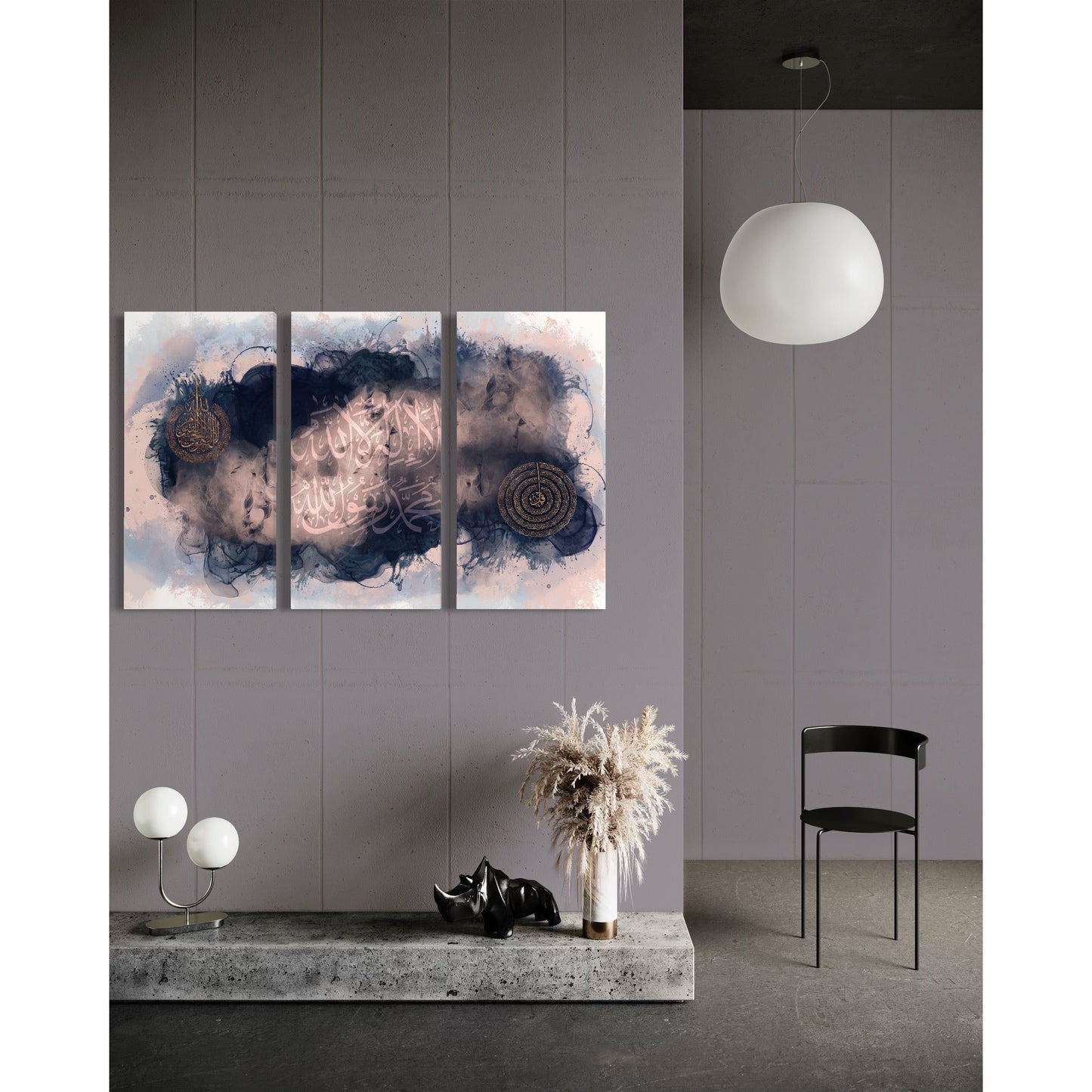 Ayatul Kursi Shahada & 4 Quls Triptych Canvas Set: Blushing Blues