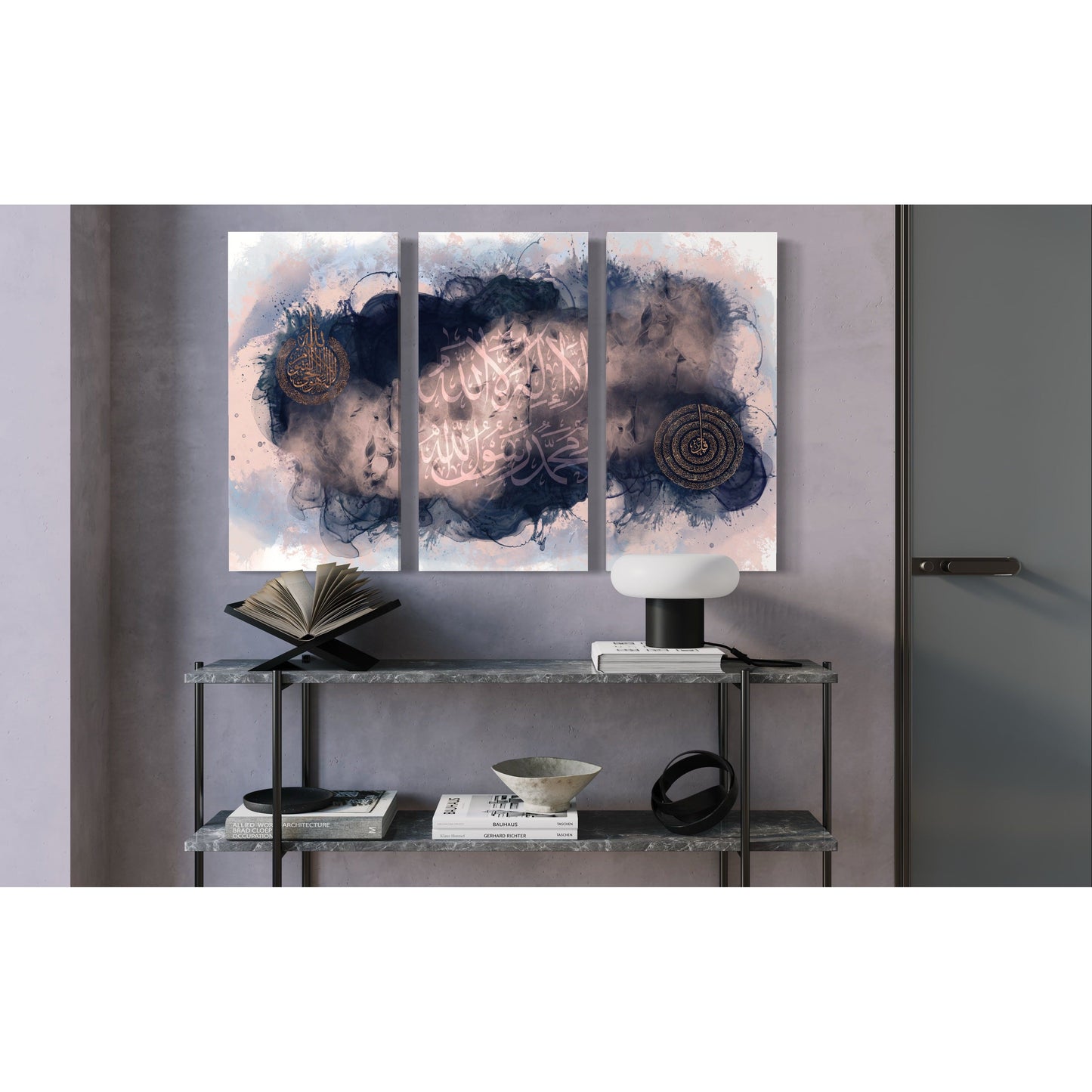 Ayatul Kursi Shahada & 4 Quls Triptych Canvas Set: Blushing Blues