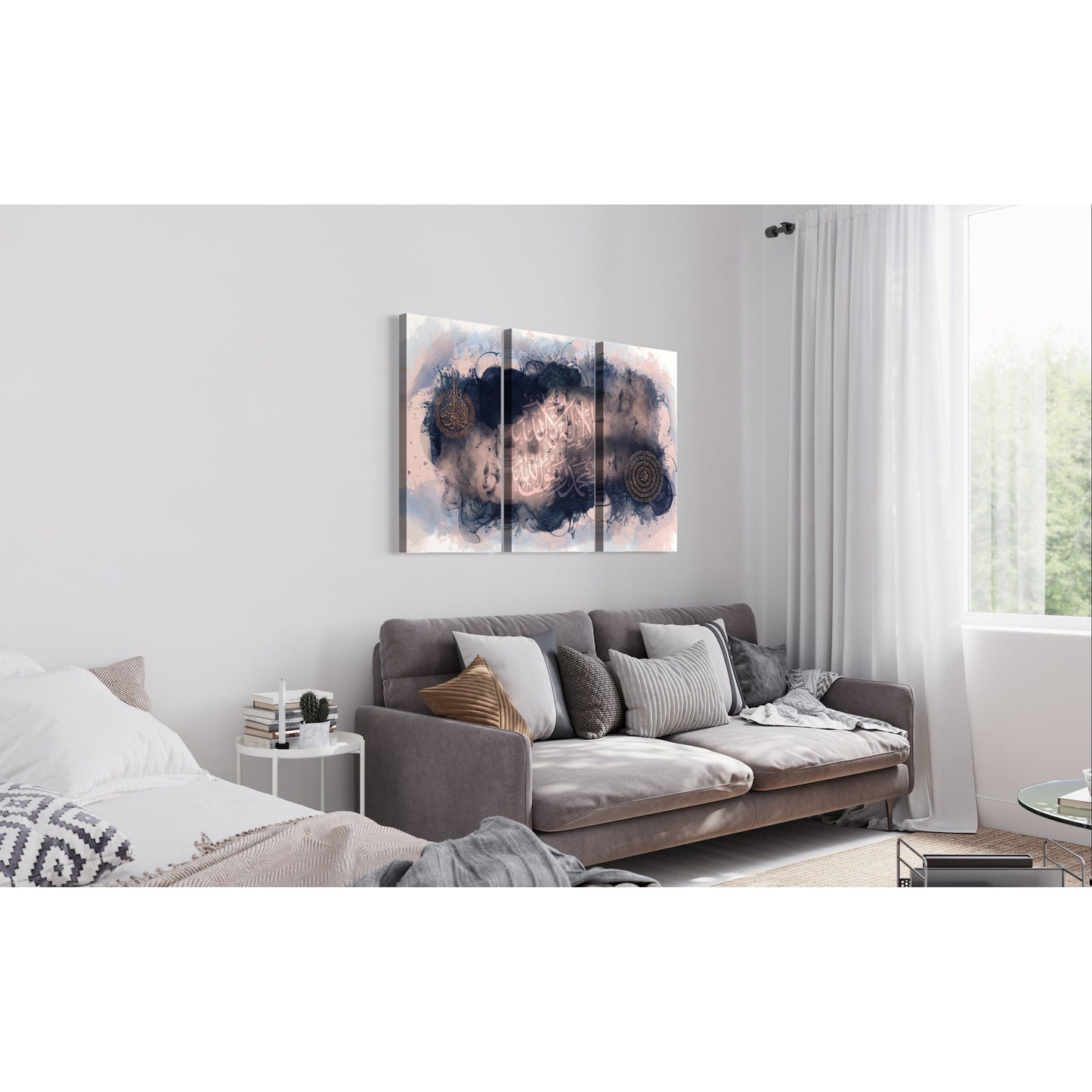 Ayatul Kursi Shahada & 4 Quls Triptych Canvas Set: Blushing Blues
