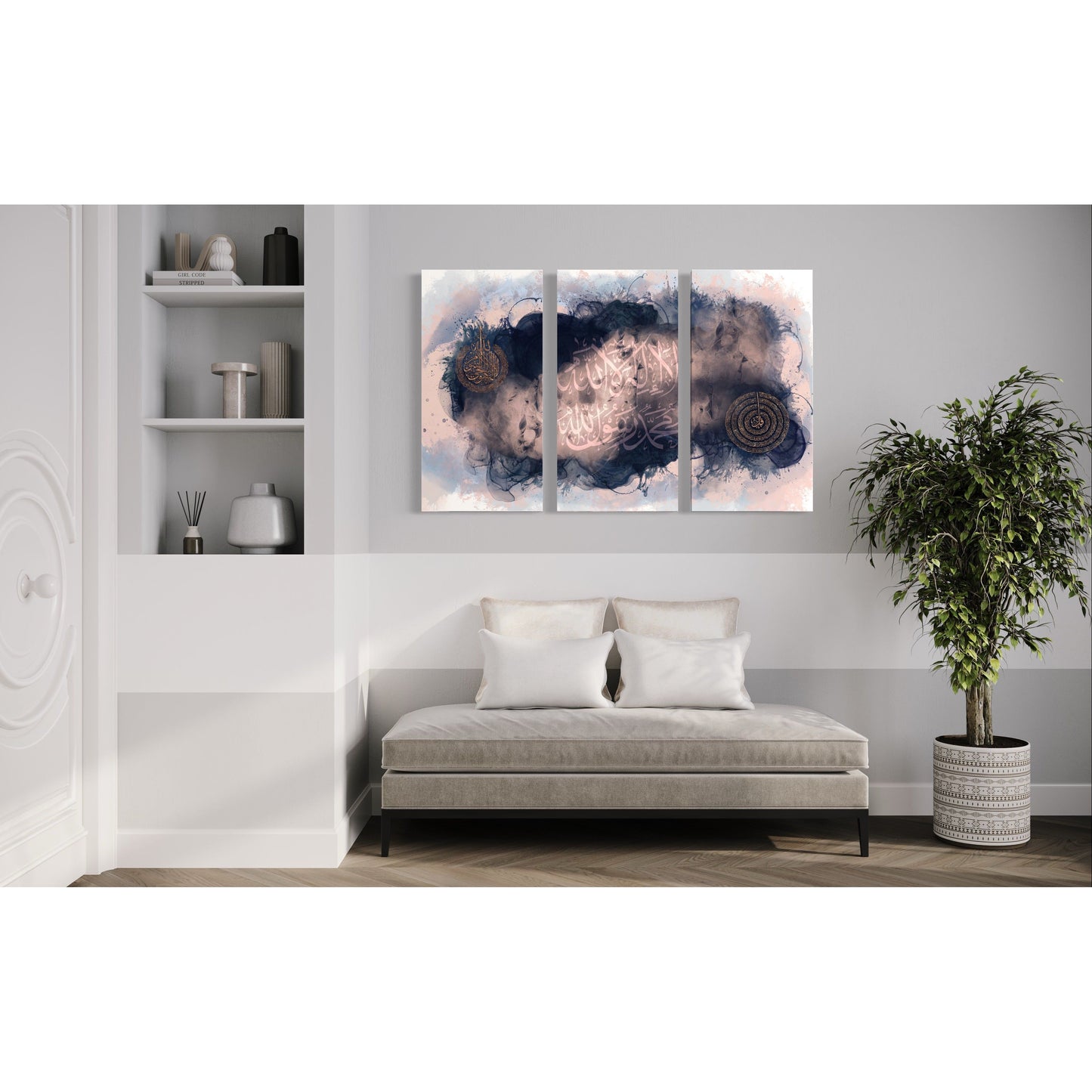 Ayatul Kursi Shahada & 4 Quls Triptych Canvas Set: Blushing Blues