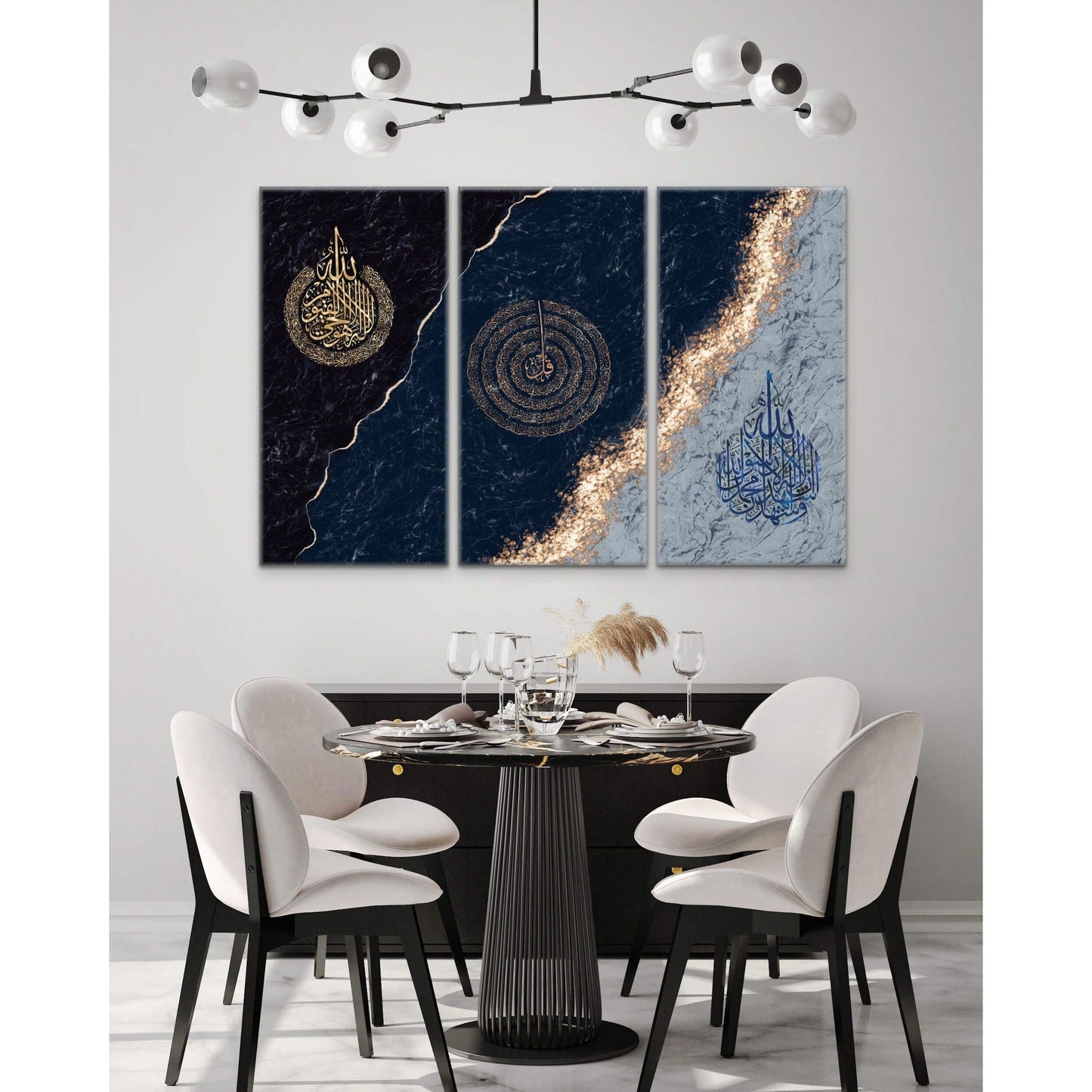 Ayatul Kursi Shahada & 4 Quls Triptych Canvas Set: Midnight Blue
