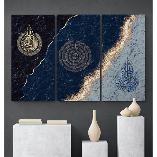Ayatul Kursi Shahada & 4 Quls Triptych Canvas Set: Midnight Blue