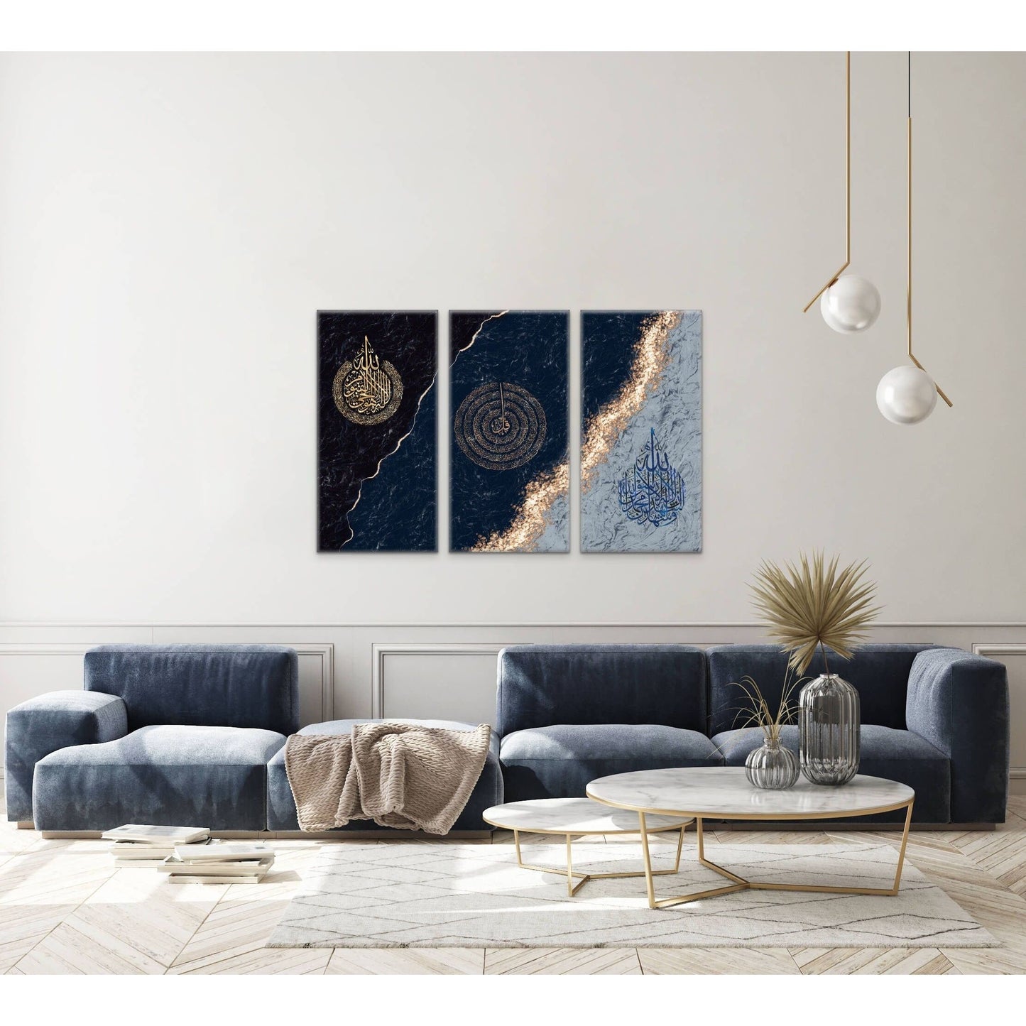 Ayatul Kursi Shahada & 4 Quls Triptych Canvas Set: Midnight Blue