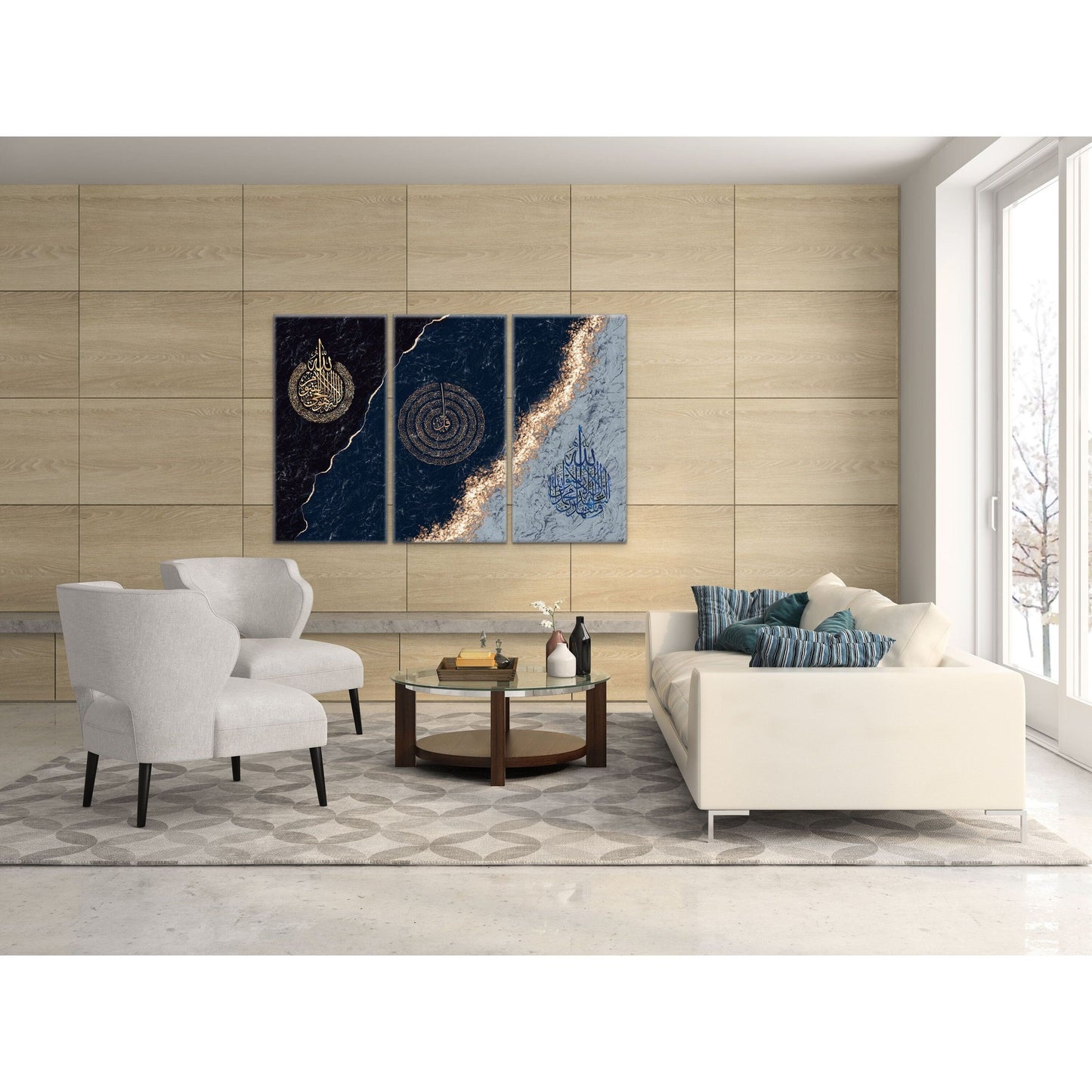 Ayatul Kursi Shahada & 4 Quls Triptych Canvas Set: Midnight Blue