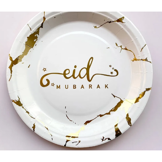 Eid Mubarak Plates - White Marble - 22.5cm (Pack of 10)