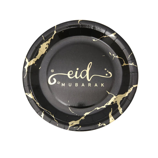 Eid Mubarak Plates - Black Marble - 22.5cm (Pack of 10)